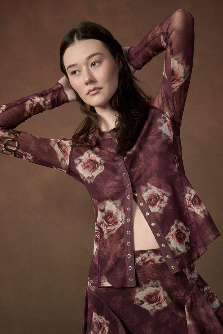 Floral-Print Long-Sleeve Snap-Front Mesh Top