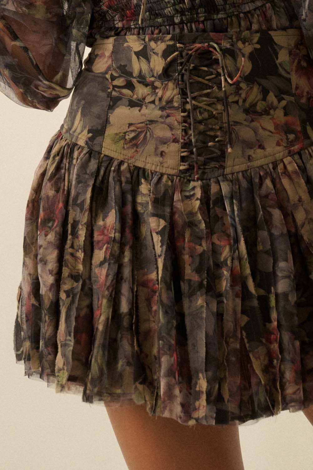 Lace-Up Pleated Floral Mini Skort