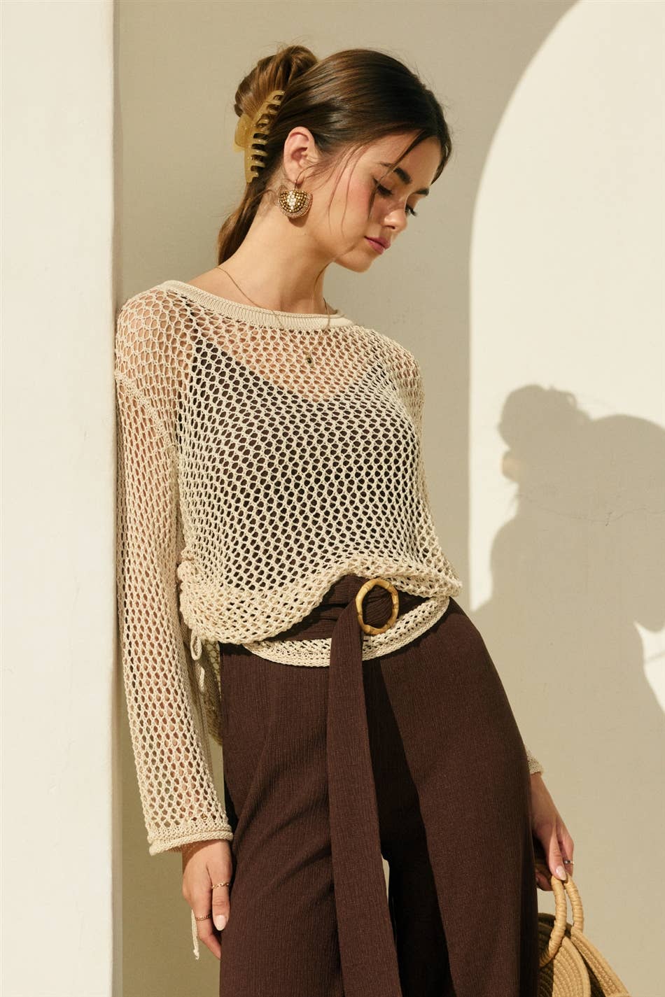 Ruched Side Long Sleeve Open Knitted Top