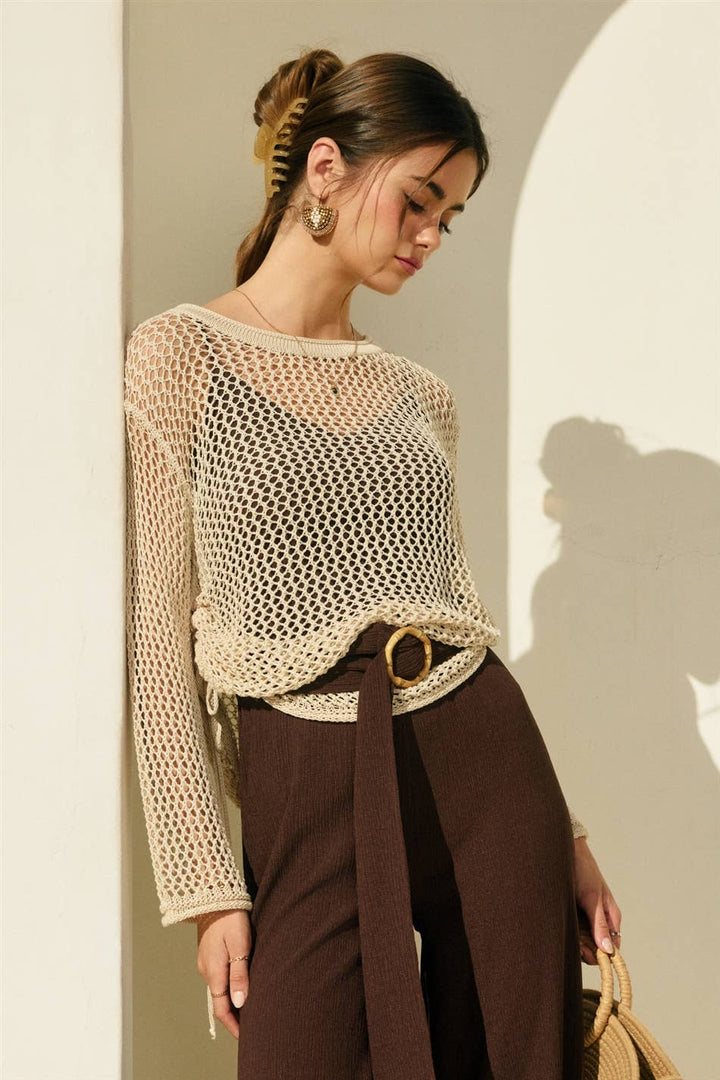 Ruched Side Long Sleeve Open Knitted Top