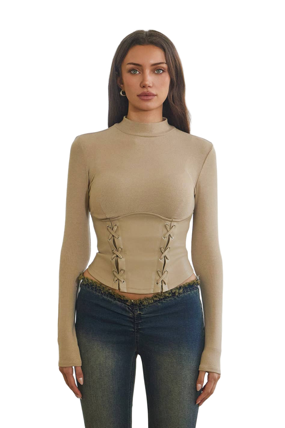 Mock Neck Top with Contrast Tie Bodice