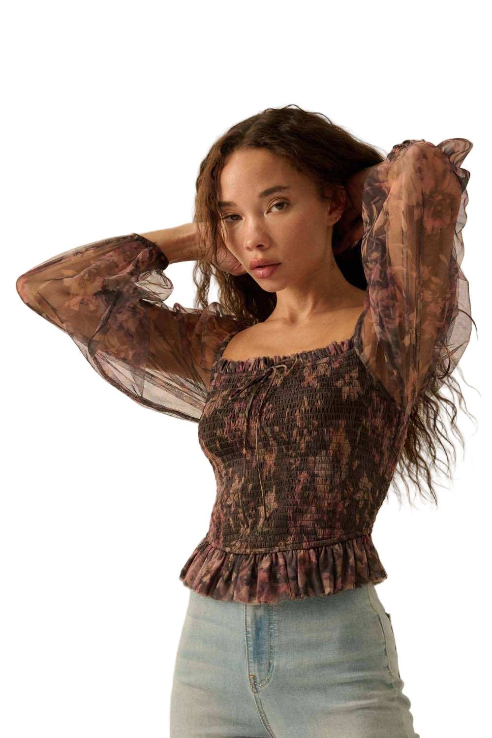 Layered Floral-Print Tulle Top