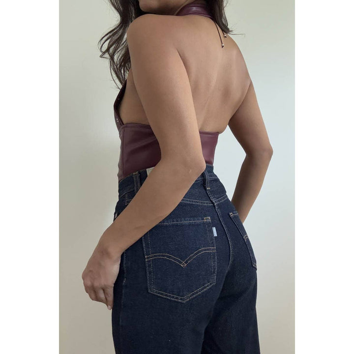 Faux Leather Eyelet Detail Halter Corset Top