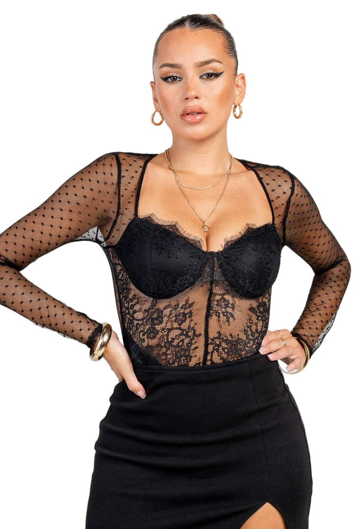 SEXY SWISS DOT LACE BODYSUIT