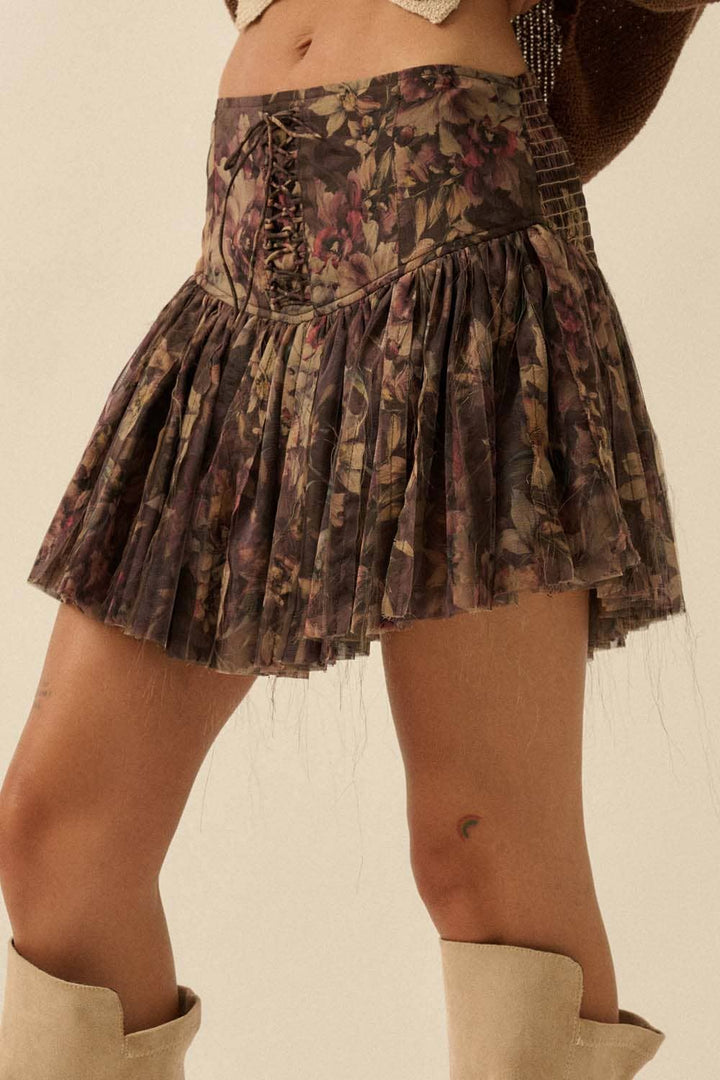 Lace-Up Pleated Floral Mini Skort