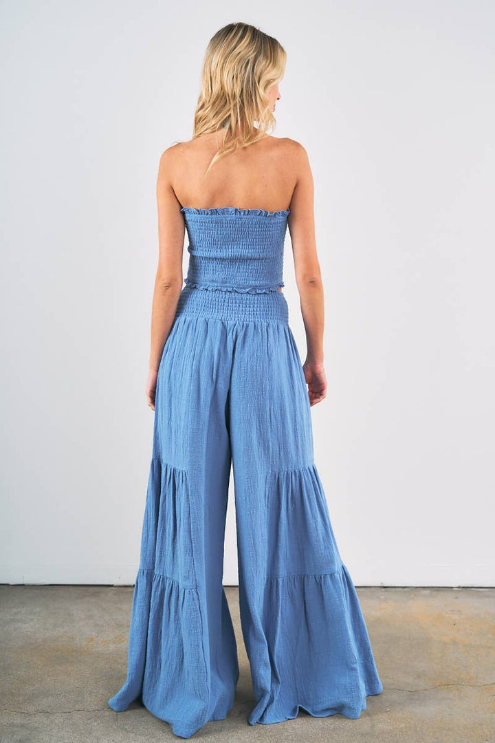 Smocked Tube Crop Top with Wide Leg Pants Set