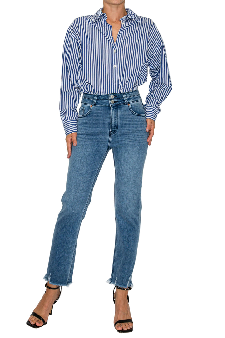 CORSET DOUBLE WAISTBAND STRAIGHT FRAYED HEM JEANS