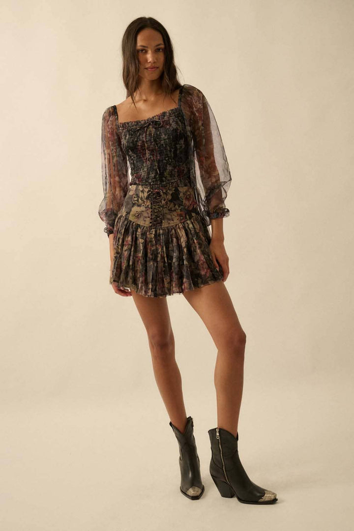 Lace-Up Pleated Floral Mini Skort