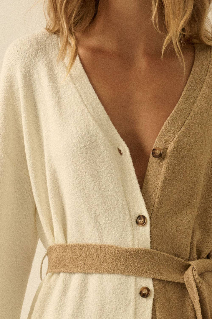 Textured Knit Colorblock Belted Cardigan