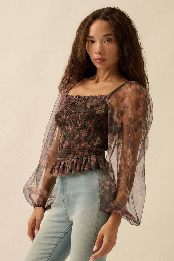 Layered Floral-Print Tulle Top