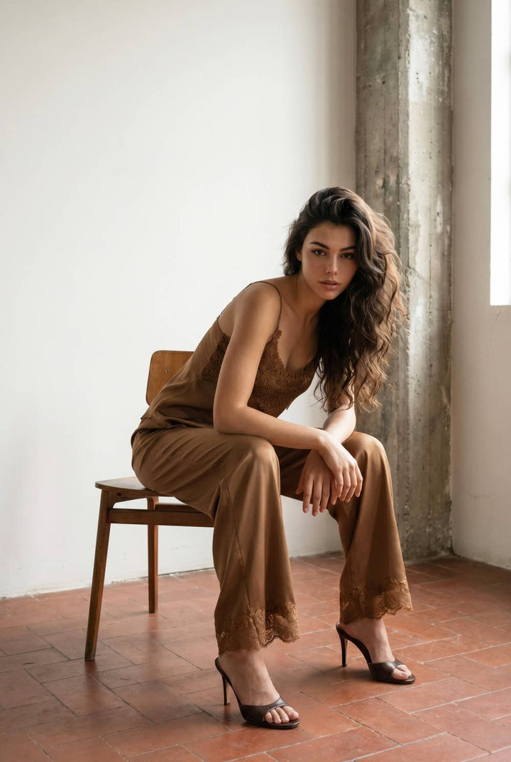 High-Waisted Silky Wide Leg Trousers with Lace Hem