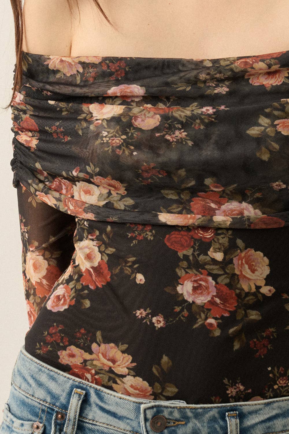 Floral Mesh Off-Shoulder Foldover Long-Sleeve Bodysuit