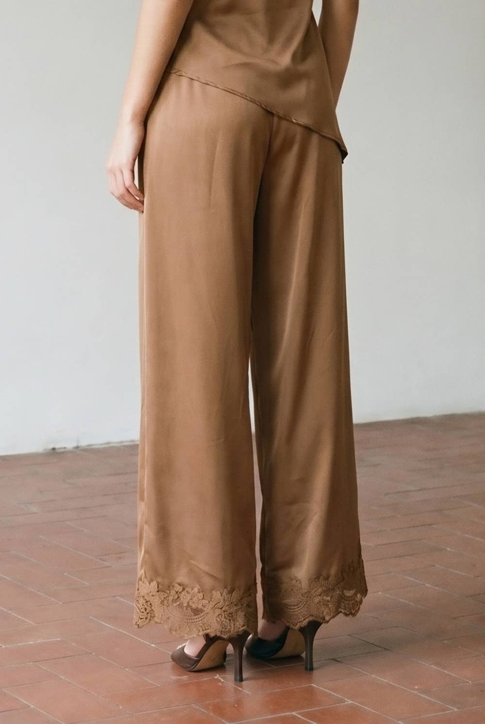 High-Waisted Silky Wide Leg Trousers with Lace Hem