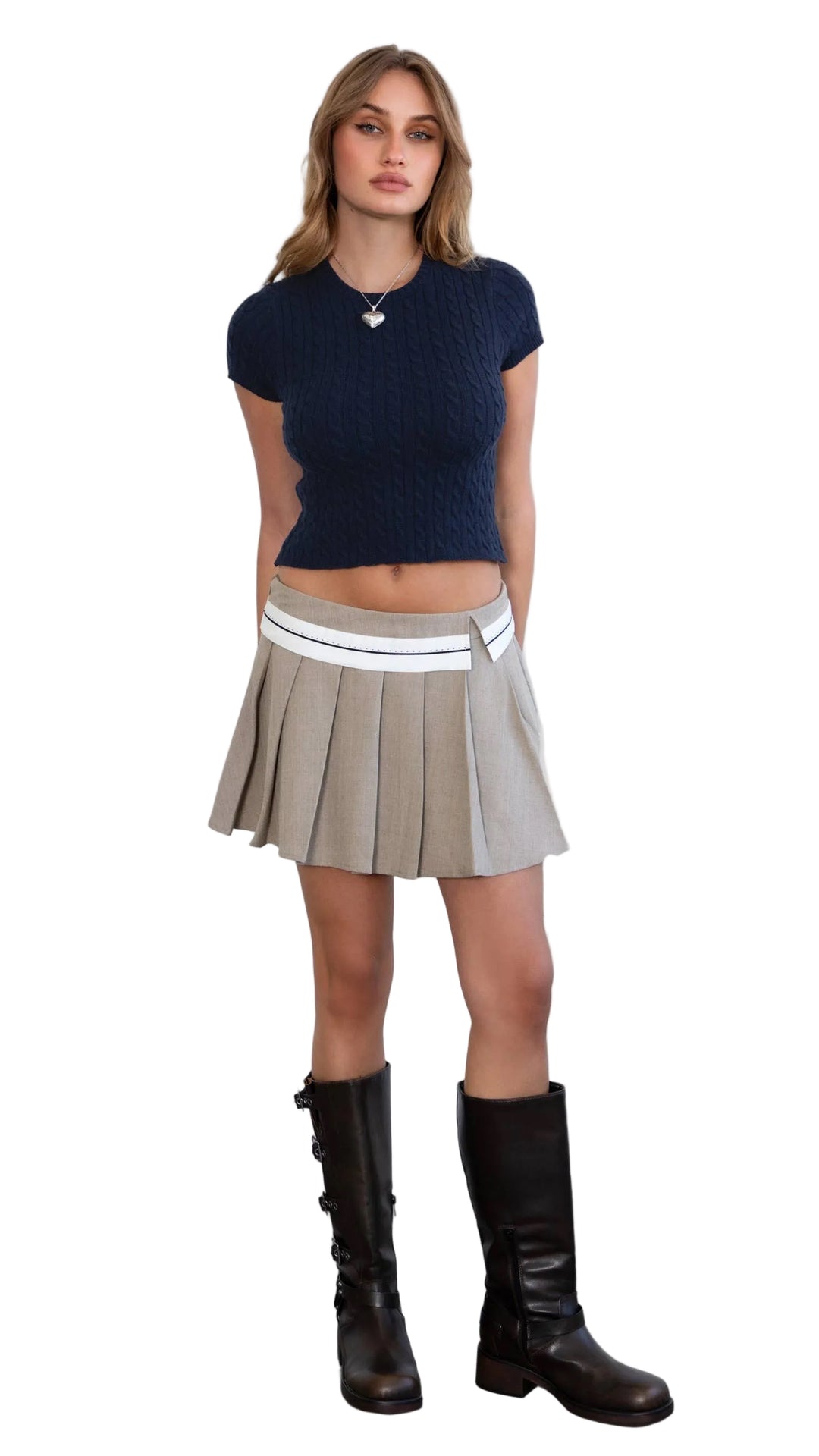 Contrast Waist Preppy Pleated Mini Skirt