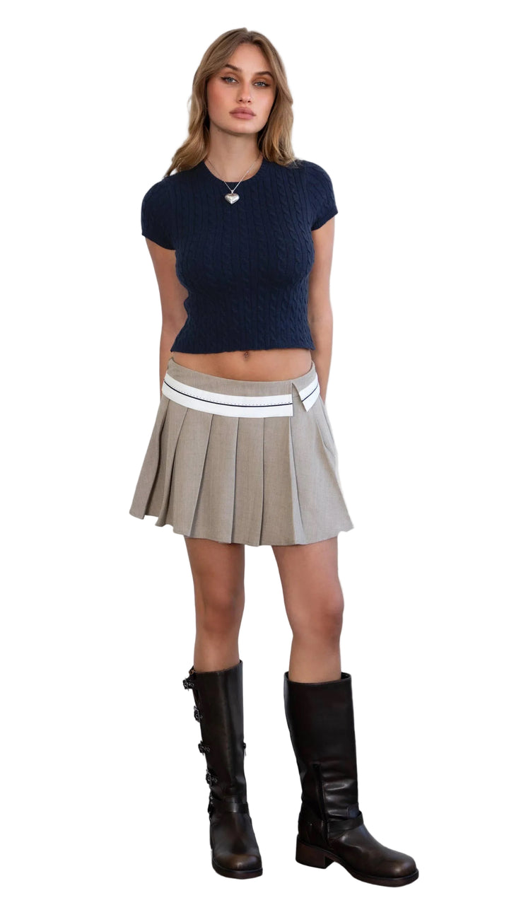 Contrast Waist Preppy Pleated Mini Skirt