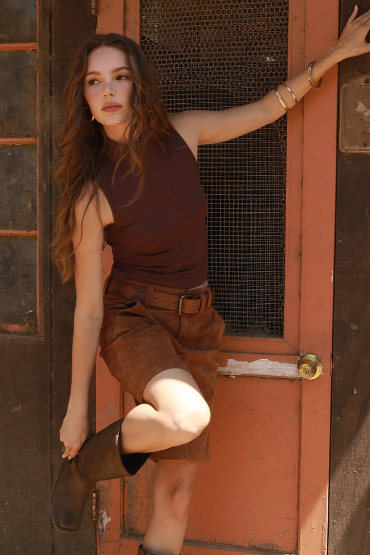 Wide Ribbed Mock Neck Sleeveless Top