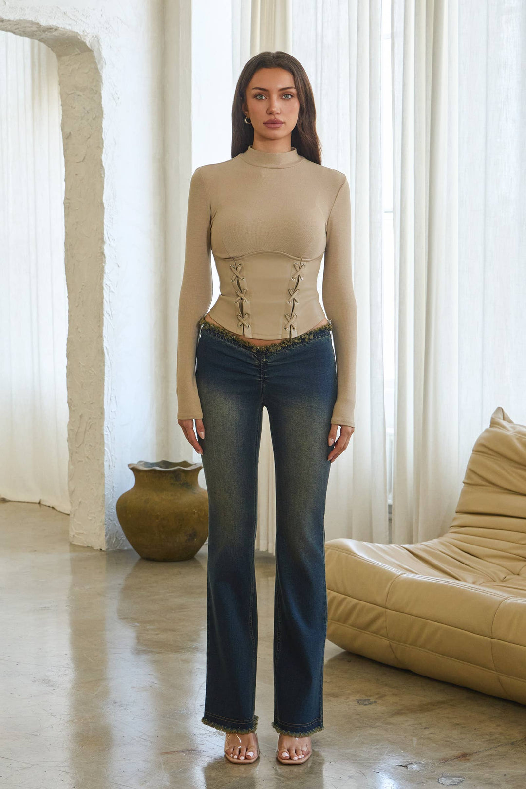 Mock Neck Top with Contrast Tie Bodice