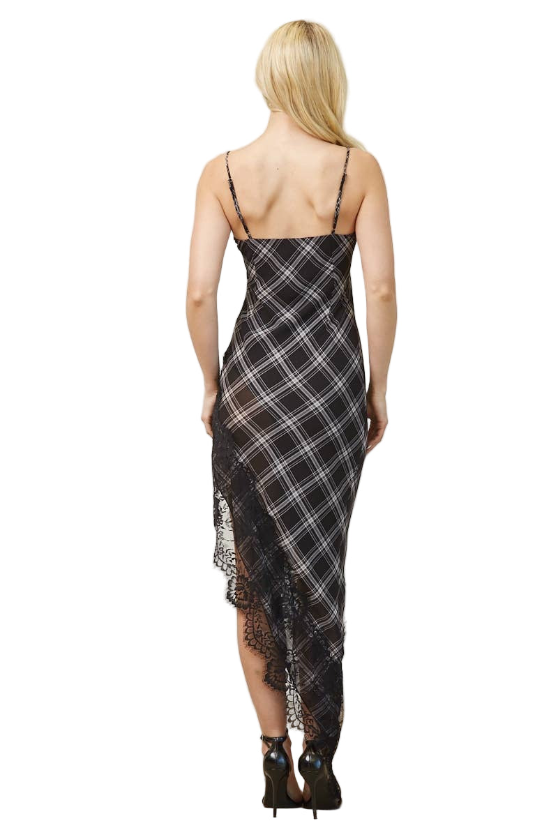 Plaid and Lace Asymmetric Hem Dress L