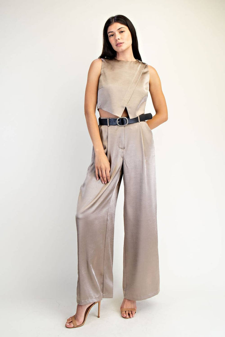 Textured Satin Pleated Wide Pants