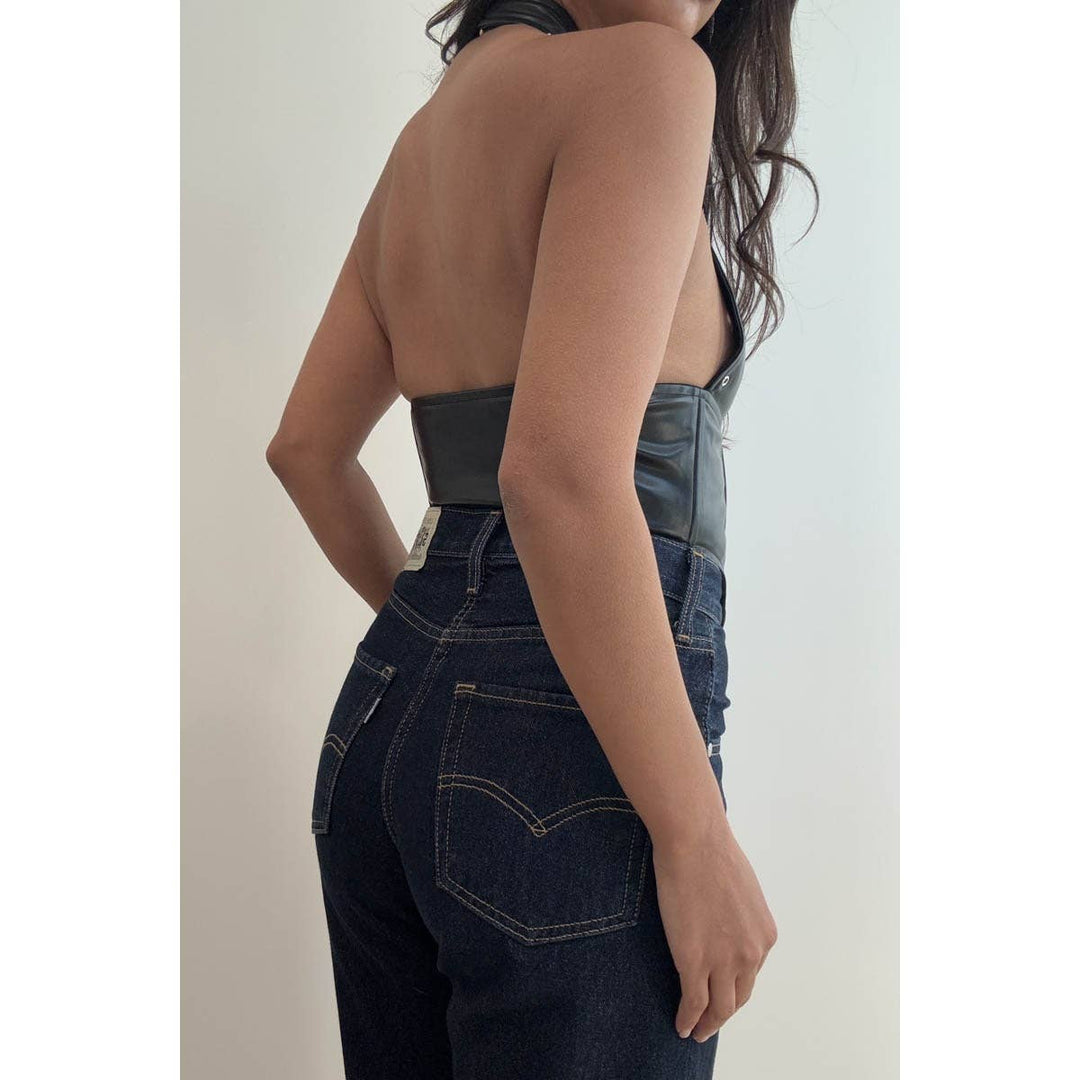 Faux Leather Eyelet Detail Halter Corset Top