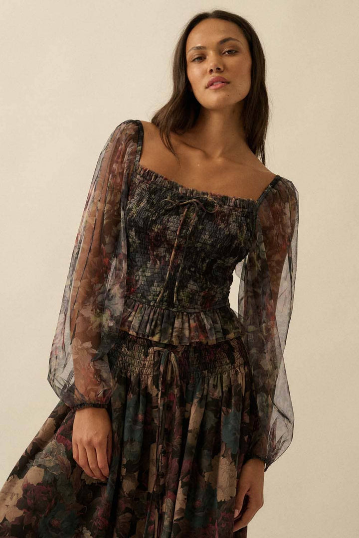 Layered Floral-Print Tulle Top