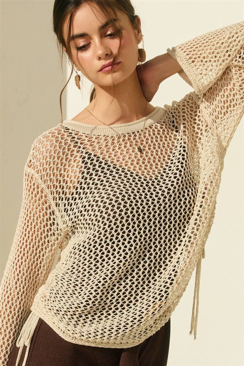 Ruched Side Long Sleeve Open Knitted Top