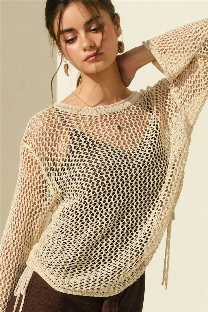 Ruched Side Long Sleeve Open Knitted Top