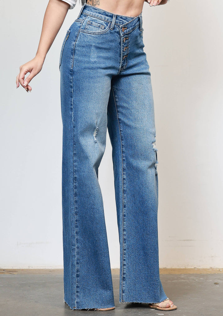 Cross Over  High Waisted Wide Leg Jeans