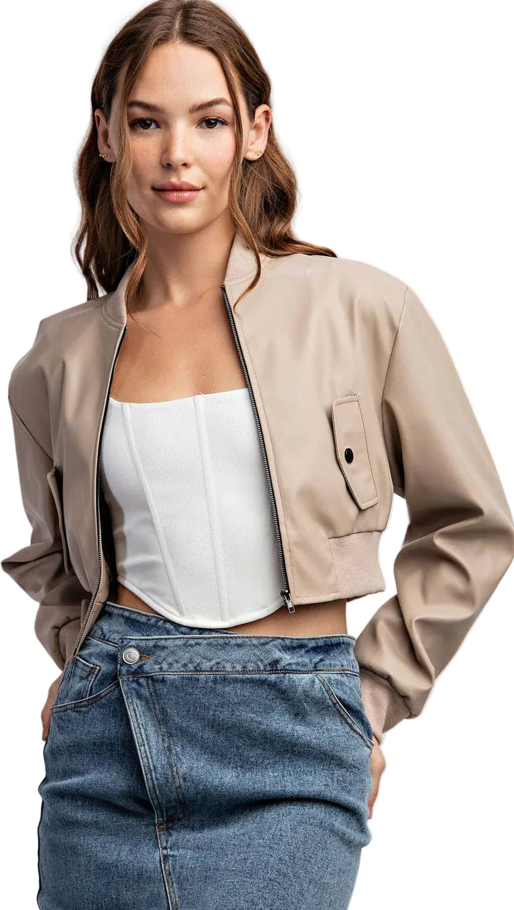 Faux Leather Bomber Cropped Jacket W/ Cont. Rib Band