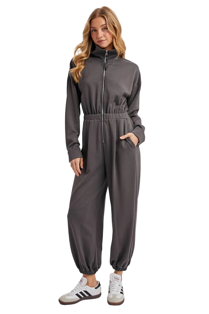 ZIP-UP COLLARED JOGGER JUMPSUIT