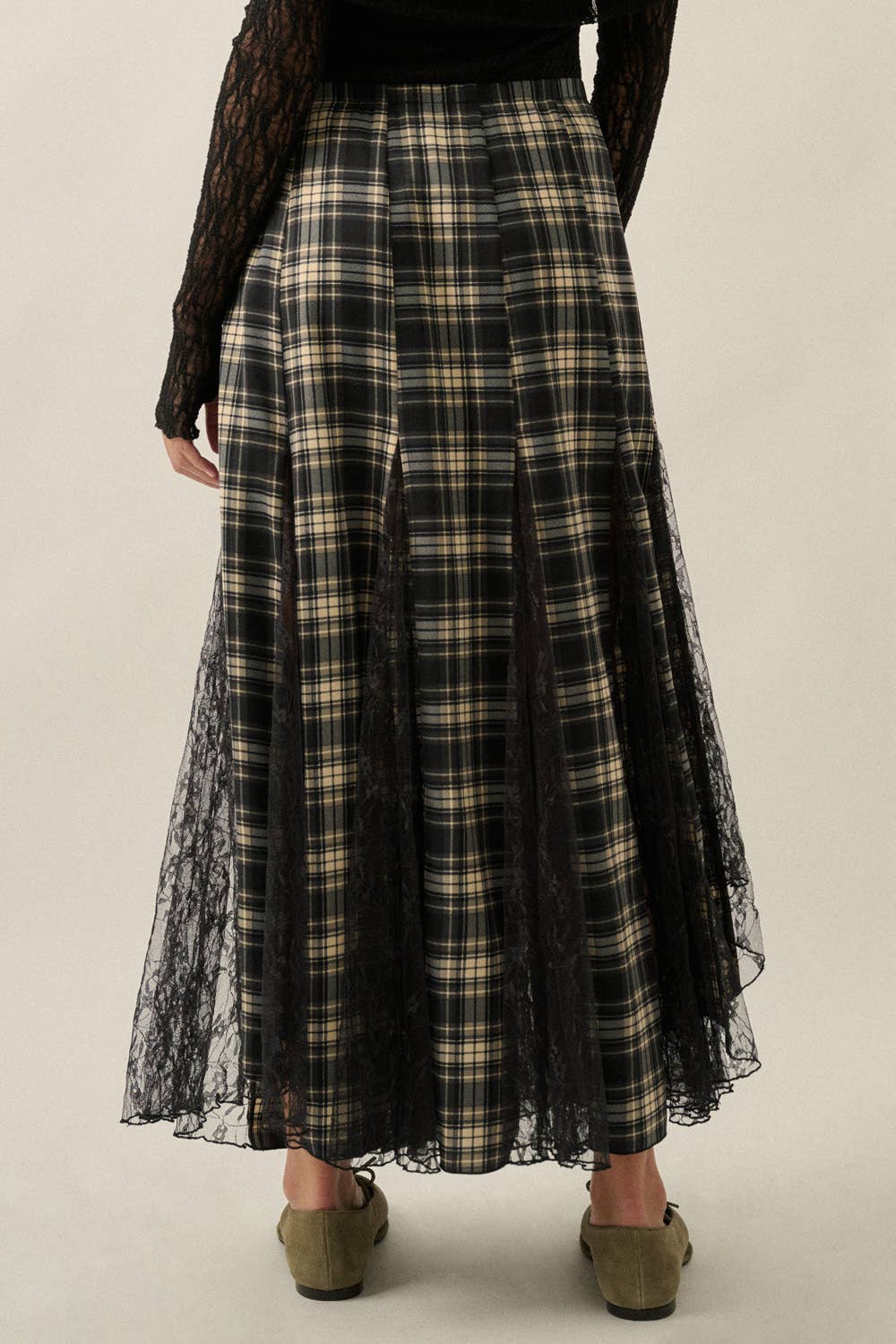 Plaid and Lace Godet Pleated A-Line Elastic Waist Maxi Skirt