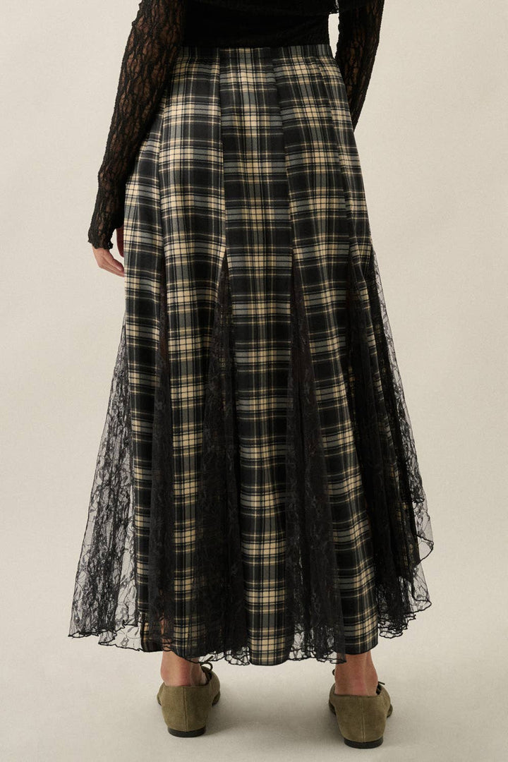 Plaid and Lace Godet Pleated A-Line Elastic Waist Maxi Skirt