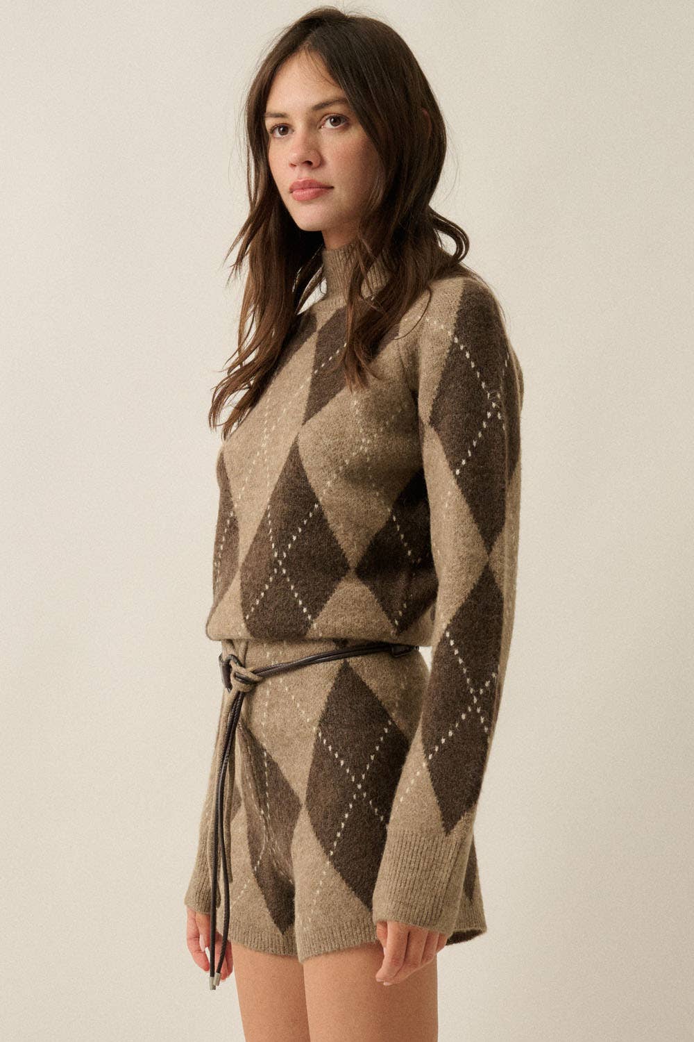 Argyle Jacquard Drawstring Sweater Romper