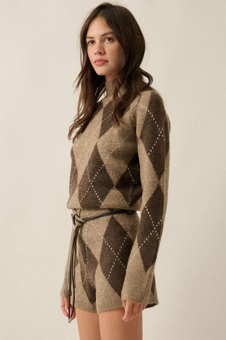 Argyle Jacquard Drawstring Sweater Romper