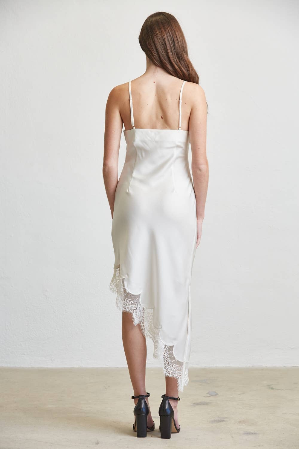 Scalloped Lace Edge Asymmetric Hem Satin Dress