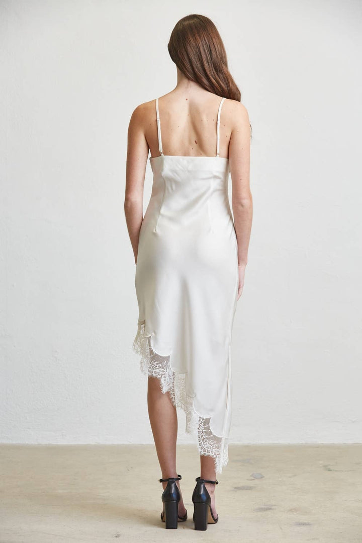 Scalloped Lace Edge Asymmetric Hem Satin Dress