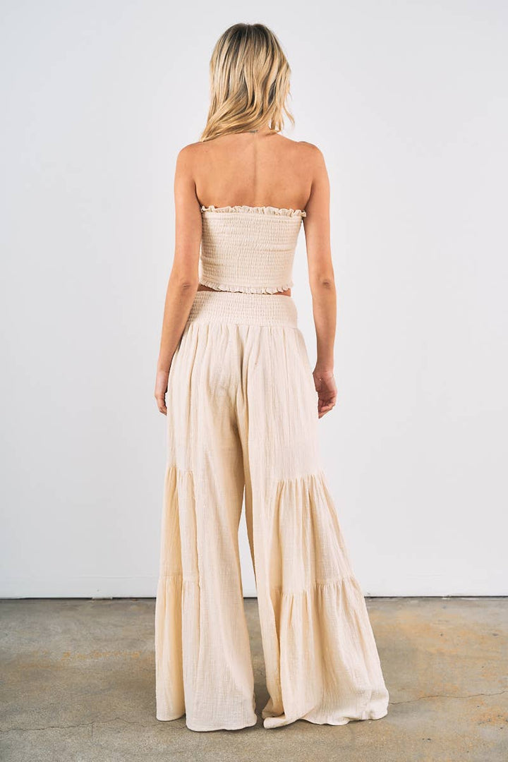 Smocked Tube Crop Top with Wide Leg Pants Set