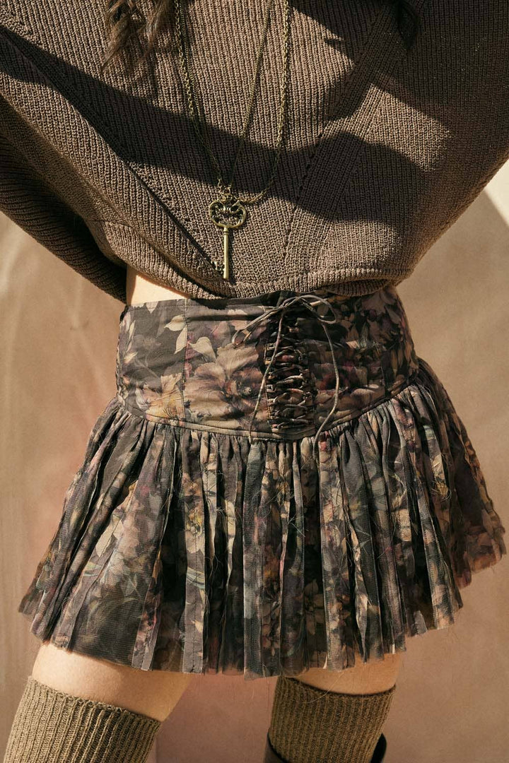 Lace-Up Pleated Floral Mini Skort