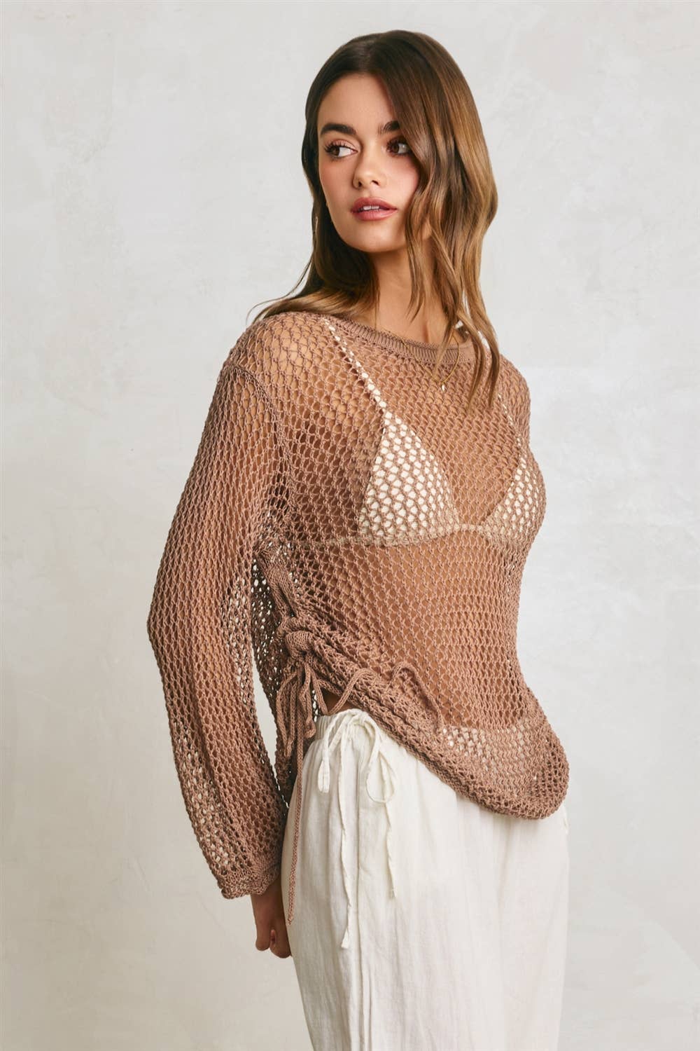 Ruched Side Long Sleeve Open Knitted Top