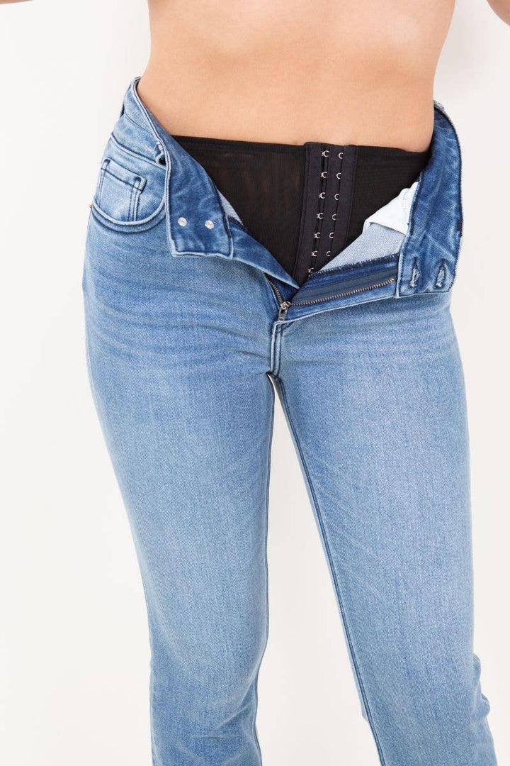 CORSET DOUBLE WAISTBAND STRAIGHT FRAYED HEM JEANS