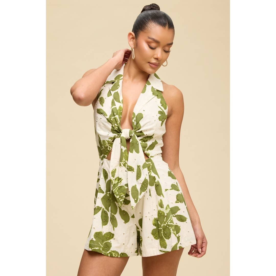 EYELET LACE TIE FRONT ROMPER