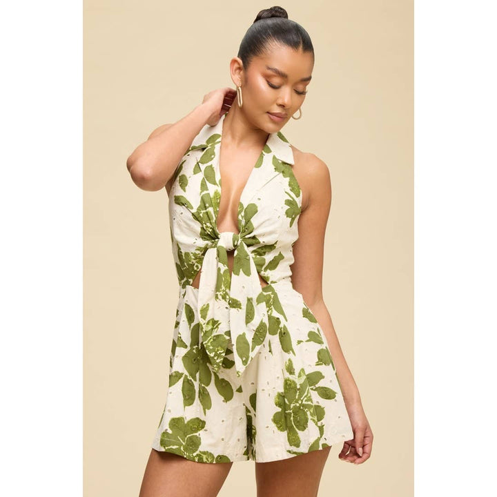 EYELET LACE TIE FRONT ROMPER