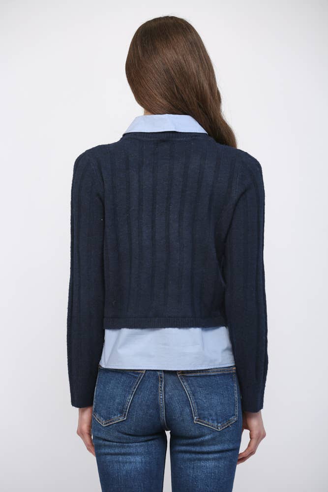 DENIM POCKET DETAIL TWOFER SWEATER