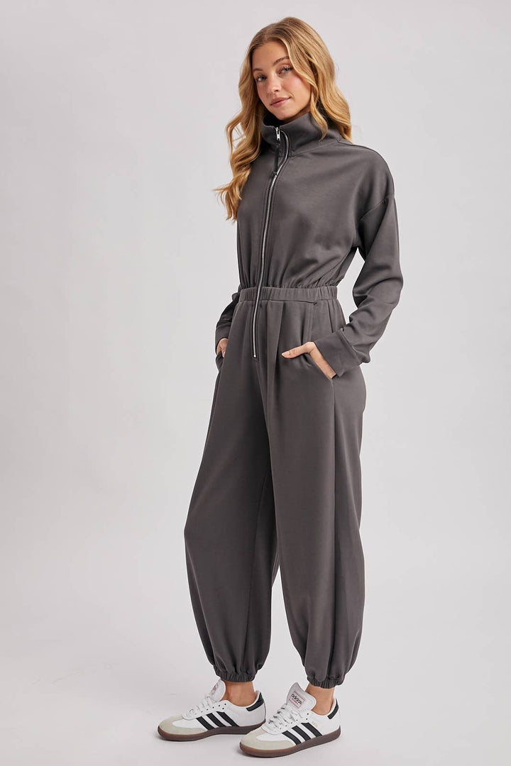 ZIP-UP COLLARED JOGGER JUMPSUIT