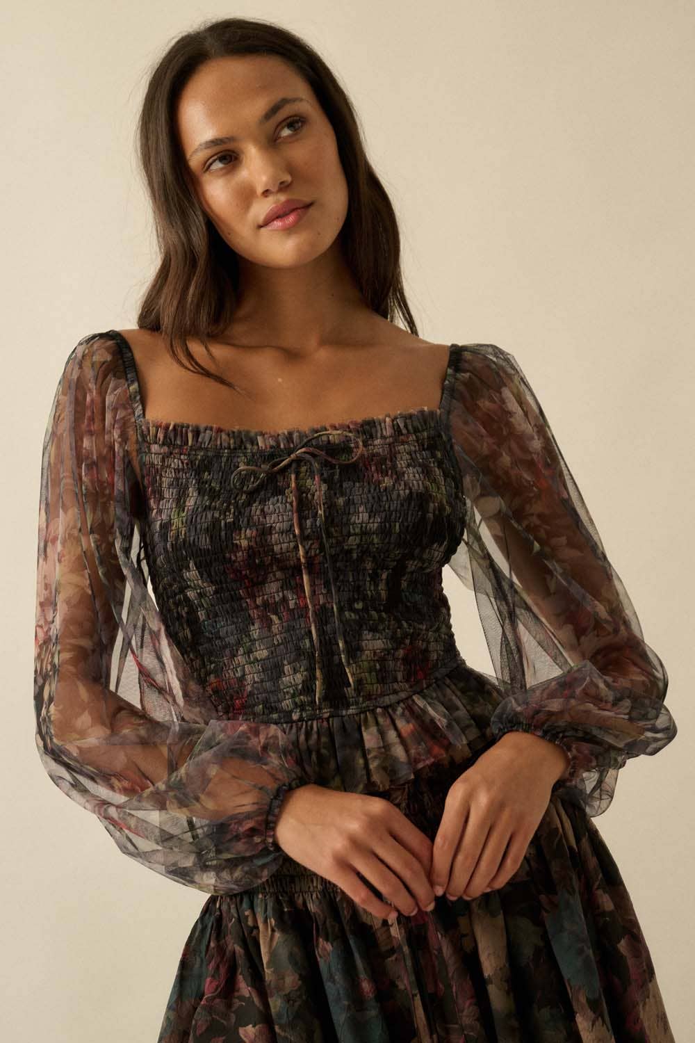 Layered Floral-Print Tulle Top