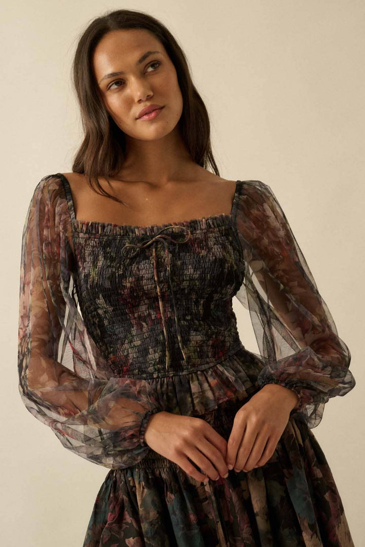 Layered Floral-Print Tulle Top