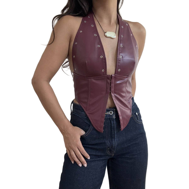 Faux Leather Eyelet Detail Halter Corset Top