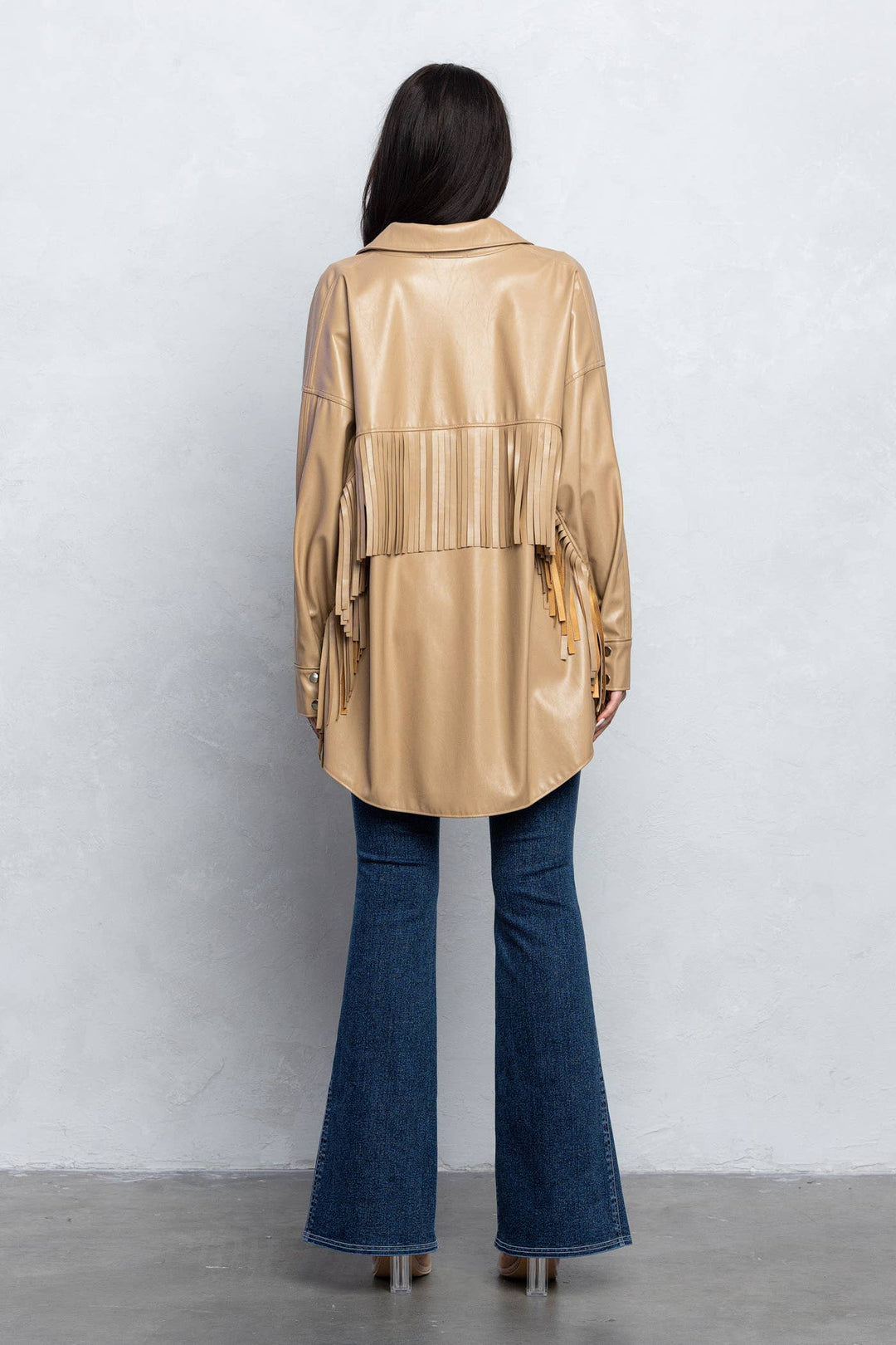 Faux leather fringe detail shacket