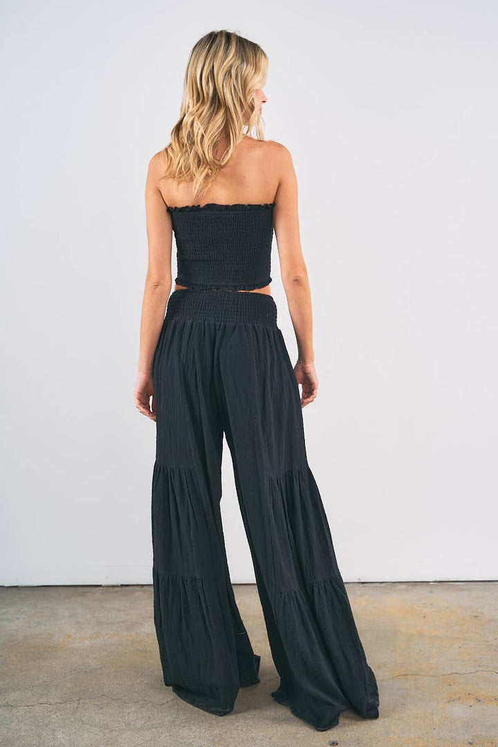 Smocked Tube Crop Top with Wide Leg Pants Set