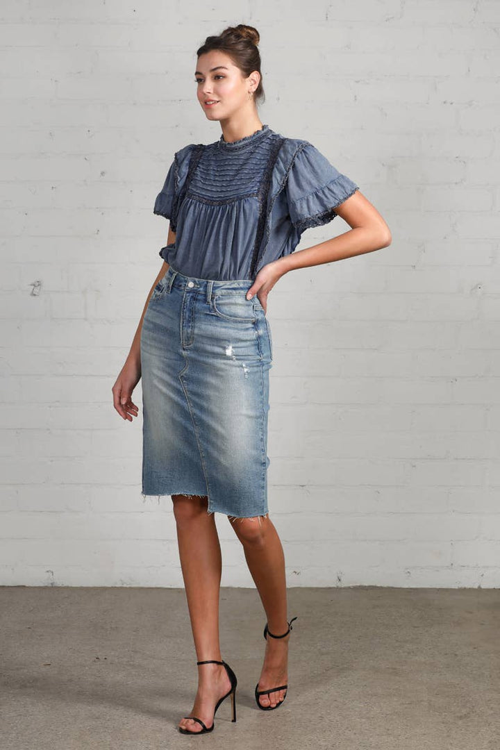 Raw Hem Knee Length Denim Skirt